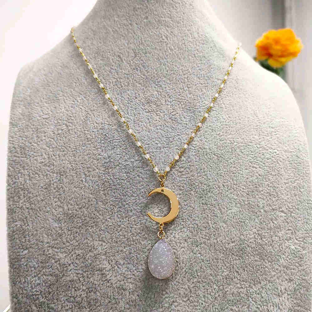 Natural White Druzy Gold Gemstone Chain Necklace AL374