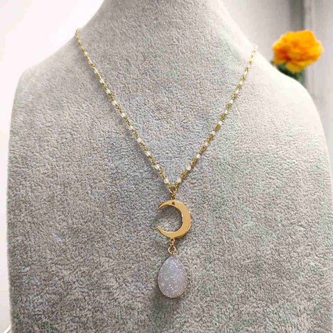 Natural White Druzy Gold Gemstone Chain Necklace AL374