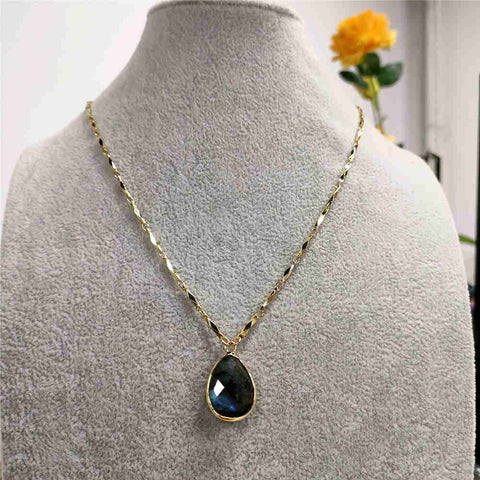 Natural Labradorite Pendant Gold Chain Necklace AL373