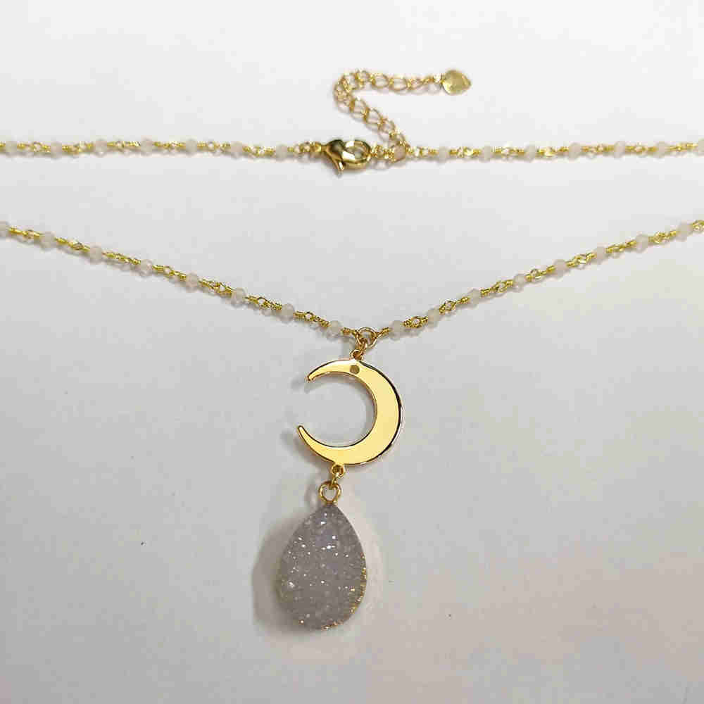 Natural White Druzy Gold Gemstone Chain Necklace AL374