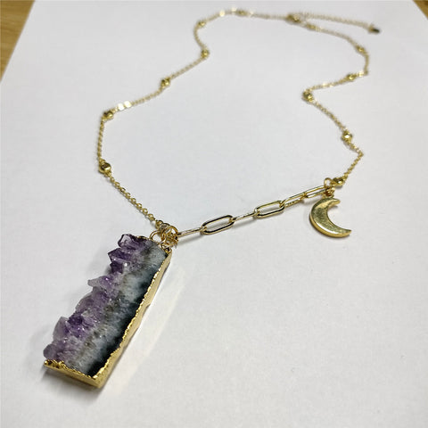 Natural Amethyst Druzy Moon Necklace AL378