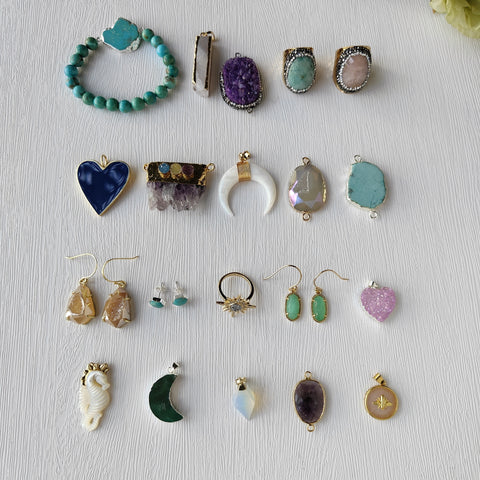 On Sale, 20 pcs/lot Multi Gemstone, Crystal and Druzy Bracelet, Earrings, Rings, Pendants And Connectors DCL001