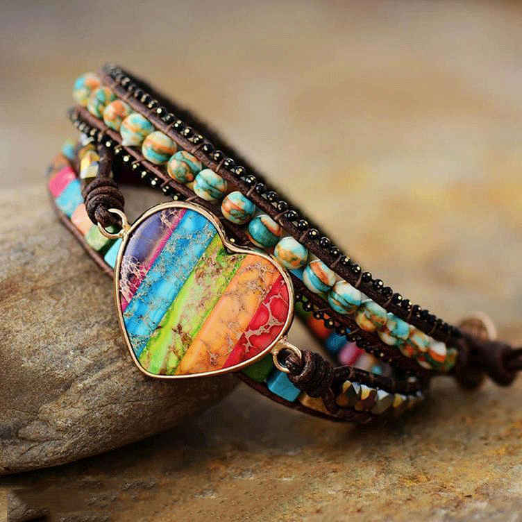 Leather Wrap Rainbow Heart Sea Sediment Jasper Beads Bracelet Gemstone Protection Bracelet HD0415