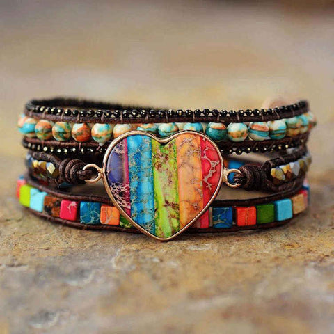 Rainbow Sea Sediment Jasper Heart 4mm Stone Beads Leather Wrap Bracelet, Handmade Boho Gemstone Jewelry HD0415